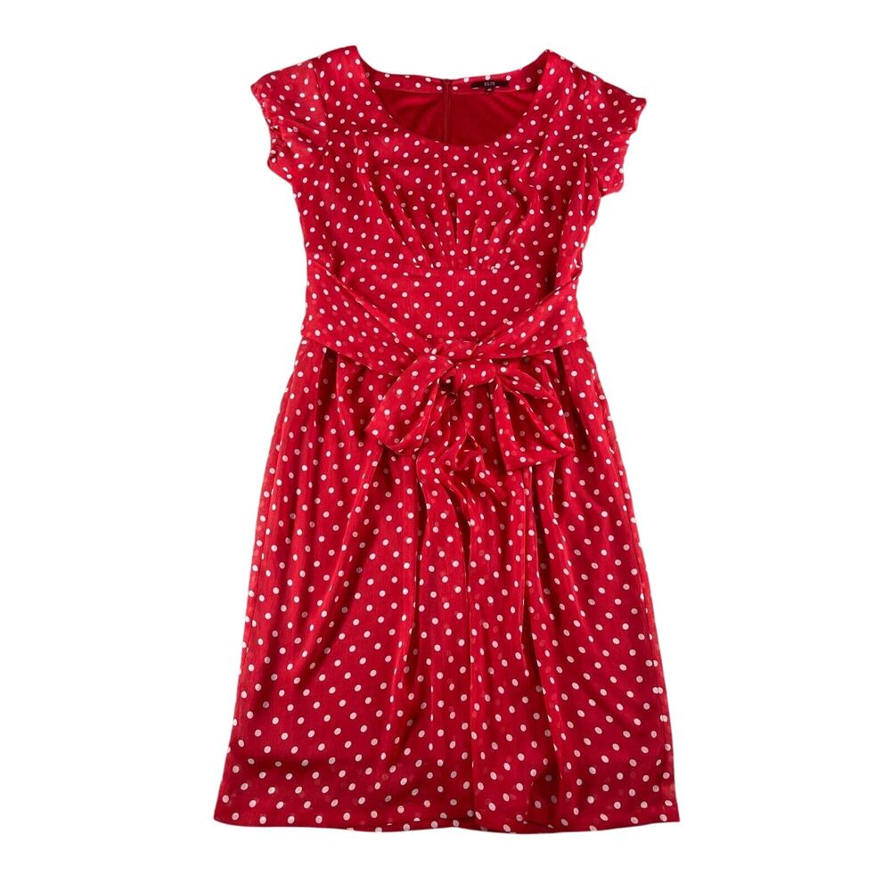 Elis Dress Womens 46 Red Polka Dot Waist Tie Short Sleeve Zip Back Round Neck